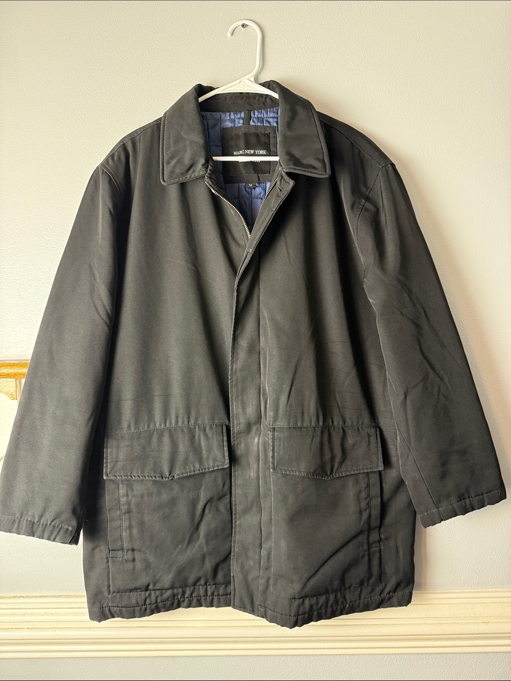 Andrew Marc Black Trench Coat with Blue Lining